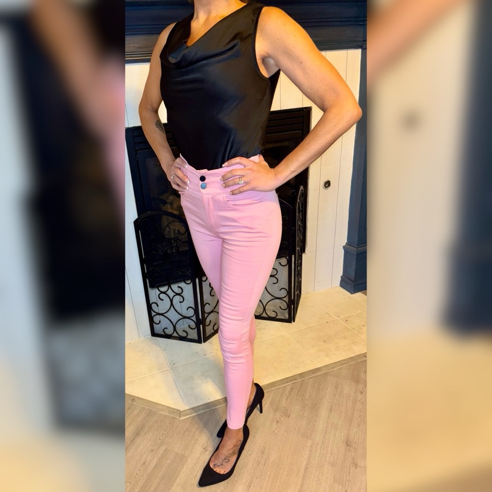 Elegant Black Satin Top with Soft Pink Skinny Pants